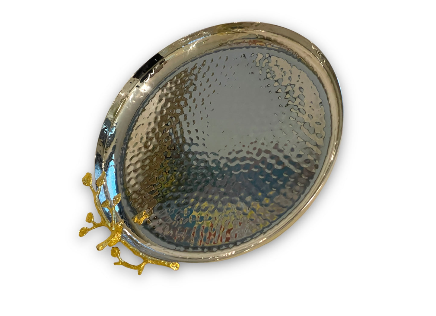 Gold Bird Vine Hammered Silver Serving Tray